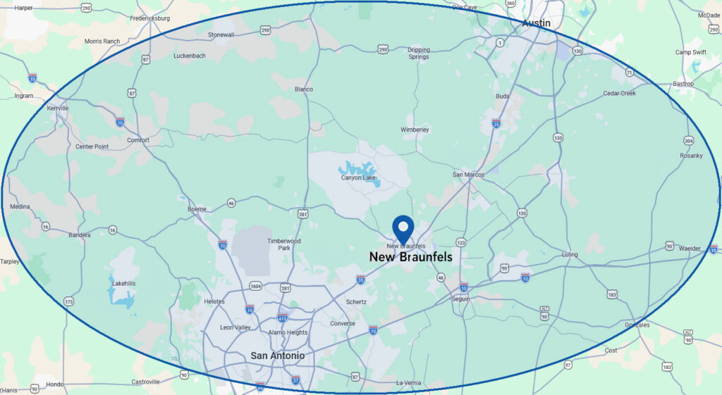 Map of New Braunfels and Surrounding areas that we service. 